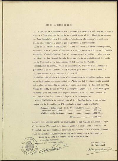 Decrets i Resolucions, 31/1/1935, Sessió ordinària [Acta]