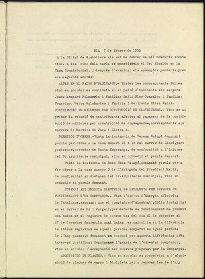 Decrets i Resolucions, 7/2/1935, Sessió ordinària [Acta]