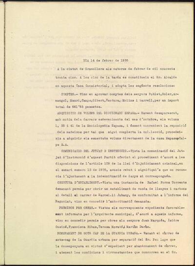 Decrets i Resolucions, 14/2/1935, Sessió ordinària [Minutes]