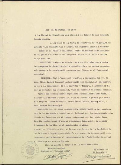 Decrets i Resolucions, 21/2/1935, Sessió ordinària [Acta]