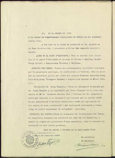 Decrets i Resolucions, 28/2/1935, Sessió ordinària [Minutes]