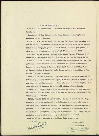 Decrets i Resolucions, 14/3/1935, Sessió ordinària [Minutes]