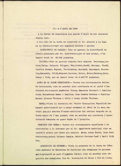 Decrets i Resolucions, 4/4/1935, Sessió ordinària [Minutes]