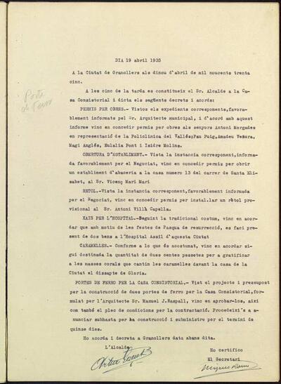 Decrets i Resolucions, 19/4/1935, Sessió ordinària [Minutes]