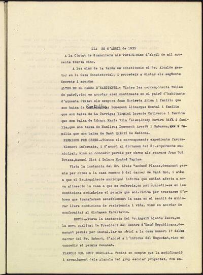 Decrets i Resolucions, 25/4/1935, Sessió ordinària [Acta]