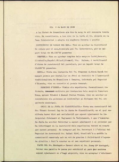 Decrets i Resolucions, 2/5/1935, Sessió ordinària [Minutes]