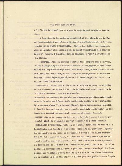 Decrets i Resolucions, 9/5/1935, Sessió ordinària [Acta]