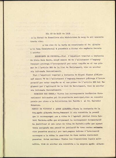 Decrets i Resolucions, 23/5/1935, Sessió ordinària [Acta]