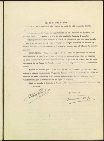 Decrets i Resolucions, 30/5/1935, Sessió ordinària [Acta]