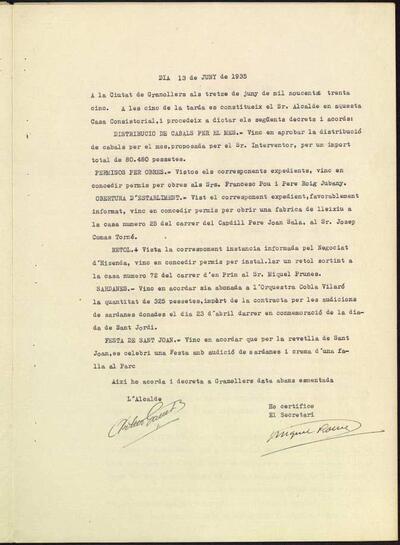 Decrets i Resolucions, 13/6/1935, Sessió ordinària [Acta]