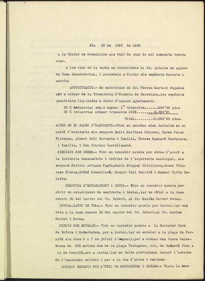 Decrets i Resolucions, 20/6/1935, Sessió ordinària [Acta]
