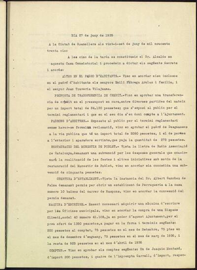 Decrets i Resolucions, 27/6/1935, Sessió ordinària [Minutes]