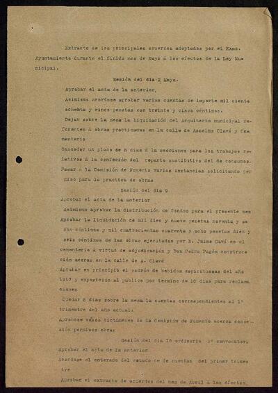 Extractes d'acords del ple, 5/1918, Sessió ordinària [Minutes]