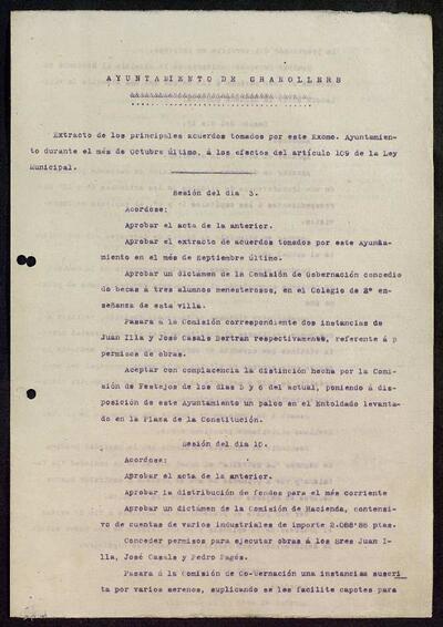 Extractes d'acords del ple, 10/1918, Sessió ordinària [Minutes]
