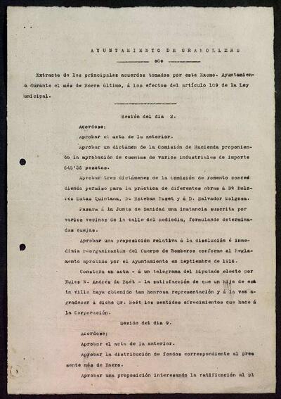 Extractes d'acords del ple, 1/1919, Sessió ordinària [Minutes]