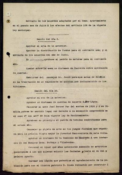 Extractes d'acords del ple, 7/1919, Sessió ordinària [Minutes]