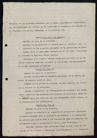 Extractes d'acords del ple, 2/1920, Sessió ordinària [Minutes]