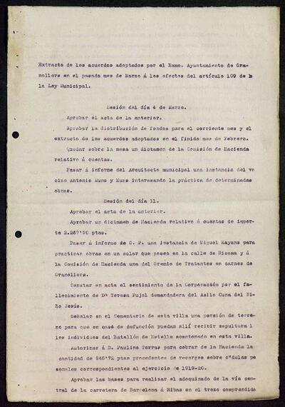 Extractes d'acords del ple, 3/1920, Sessió ordinària [Minutes]