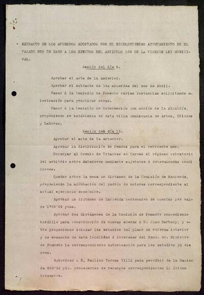 Extractes d'acords del ple, 5/1920, Sessió ordinària [Minutes]