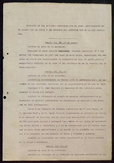 Extractes d'acords del ple, 6/1920, Sessió ordinària [Minutes]