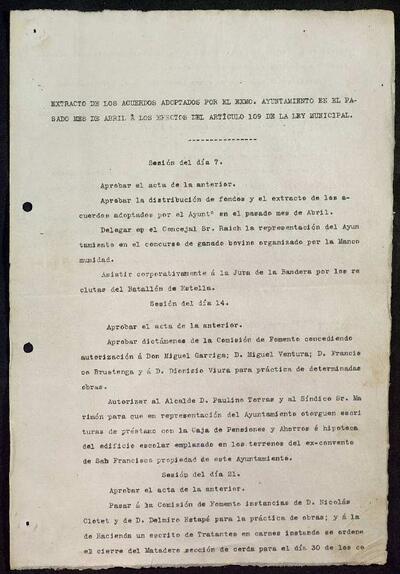 Extractes d'acords del ple, 4/1921, Sessió ordinària [Minutes]