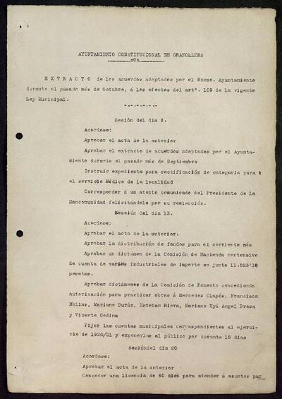 Extractes d'acords del ple, 10/1921, Sessió ordinària [Minutes]