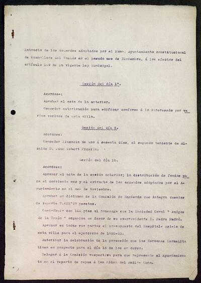 Extractes d'acords del ple, 12/1921, Sessió ordinària [Minutes]