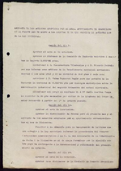 Extractes d'acords del ple, 1/1922, Sessió ordinària [Minutes]