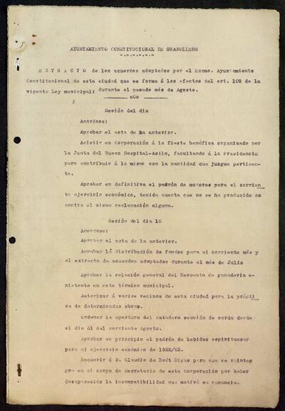 Extractes d'acords del ple, 8/1922, Sessió ordinària [Minutes]