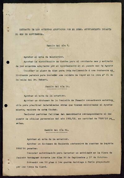 Extractes d'acords del ple, 9/1922, Sessió ordinària [Minutes]