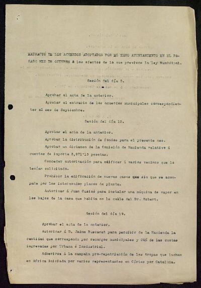 Extractes d'acords del ple, 10/1922, Sessió ordinària [Minutes]