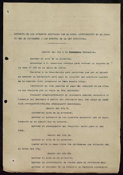 Extractes d'acords del ple, 11/1922, Sessió ordinària [Minutes]