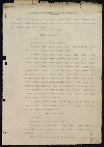 Extractes d'acords del ple, 2/1923, Sessió ordinària [Minutes]