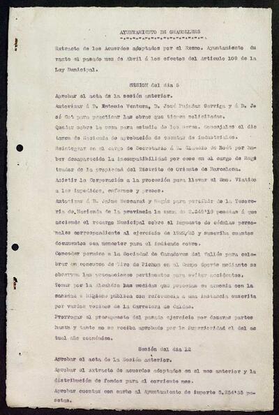 Extractes d'acords del ple, 4/1923, Sessió ordinària [Acta]