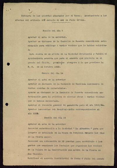 Extractes d'acords del ple, 7/1923, Sessió ordinària [Minutes]