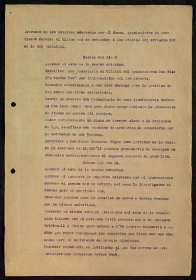 Extractes d'acords del ple, 11/1923, Sessió ordinària [Minutes]