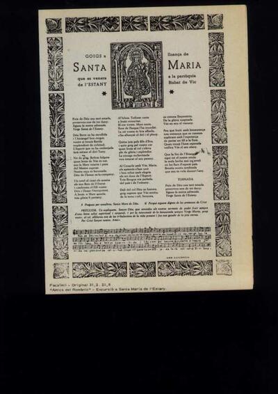 Estany, Goigs a lloança de Santa Maria que es venera a la parròquia de l' [Document]