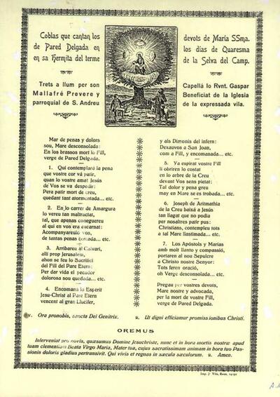 Pared Delgada, Coblas que cantan los devots de Maria Santissima de. Parròquia de l'Ermita de Paret Prima [Document]