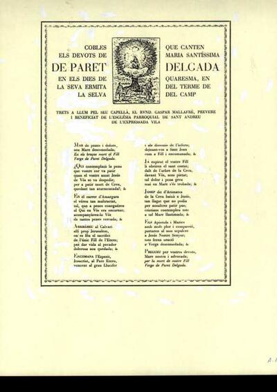 Paret Delgada, Cobles que cantan los devots de Maria Santíssima de. Parròquia de l'Ermita de Paret Prima [Documento]
