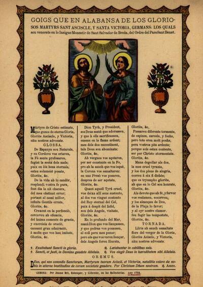 Aciscle y Santa Victoria, Goigs que en alabansa de los gloriosos Martyrs Sant [Document]