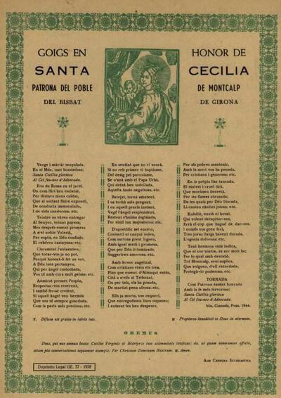 Cecília, Goigs en honor de Santa. Parròquia de Montcal [Document]