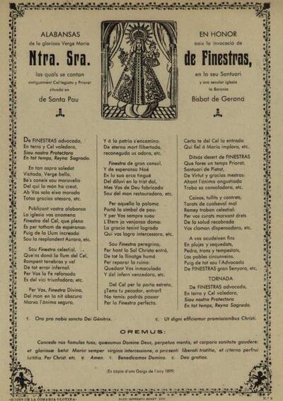 Finestras, Alabansas en honor de la gloriosa Verge Maria baix la invocació de Nostra Senyora de. Santuari de Nostra Senyora de Finestres [Document]