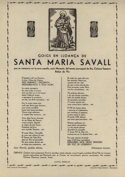 Savall, Goigs en lloança de Santa Maria. Capella de Santa Maria Savall (Santa Coloma Sasserra) [Document]