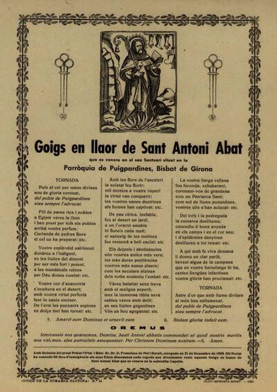 Antoni Abat, Goigs en llaor de Sant. Parròquia de Puigpardines [Document]