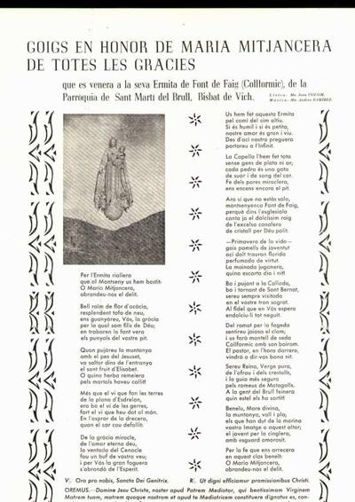 Maria Mitjancera de totes les Gràcies, Goigs en honor de. Parròquia de l'Ermita de Font de Faig (Collformic) [Document]