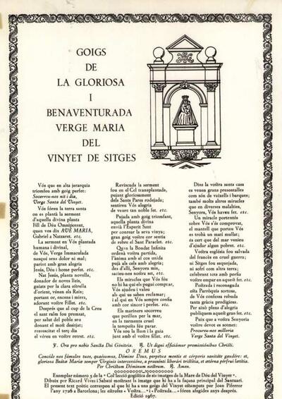 Vinyet, Goigs de la Gloriosa i benaventurada Verge Maria del. Santuari del Vinyet [Documento]