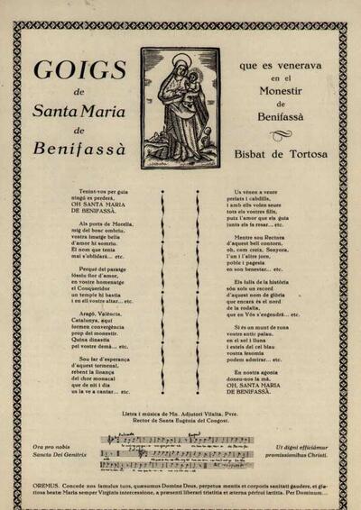Benifassà, Goigs de Santa Maria de. Parròquia de Monestir de Benifassà [Documento]