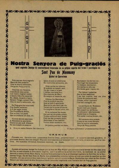 Puig-graciós, Goigs i llaors de Nostra Senyora de. Santuari de Puiggraciós (Montmany) [Document]