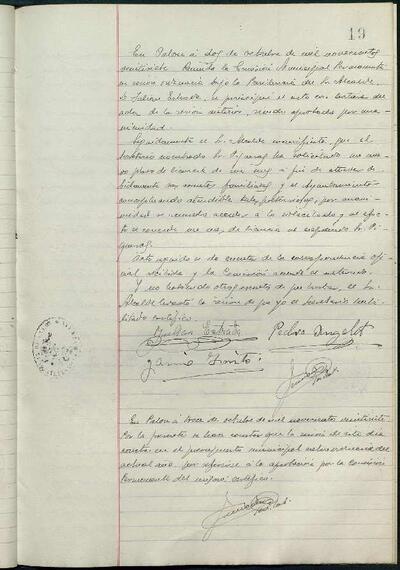 1.1. Òrgans bàsics de govern: Actes de la Comissió Municipal Permanent de Palou, 13/10/1927, Diligència [Minutes]