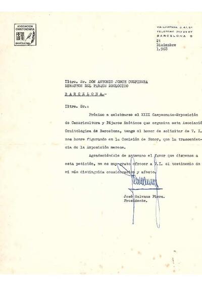 Carta de l'Asociación Ornitológica de Barcelona a Antoni Jonch, on li demanen formar part de la Comisió d'Honor del XIII Campionat-Exposició i la resposta d'aquest acceptant. [Document]